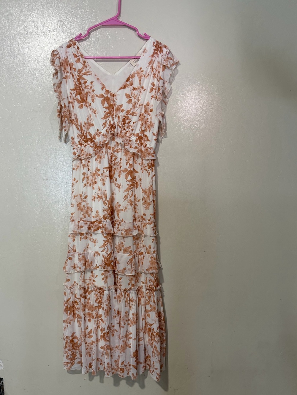 Smocked Waist Floral Tiered Midi Dress in Cream and Brown